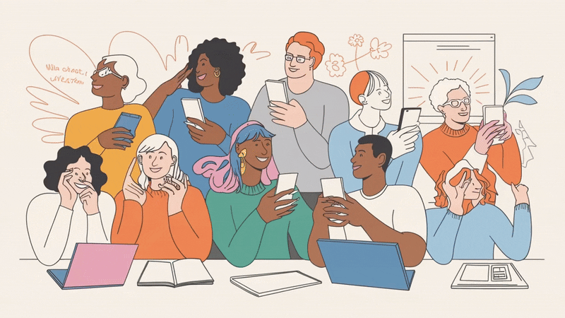 diverse people on cellphones, tablets and computers contacting Content Done Write content creation services