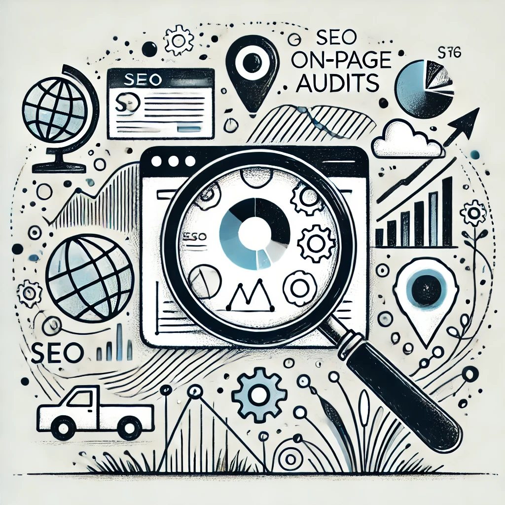 magnifying glass looking at icons on webpage for SEO on-page audits