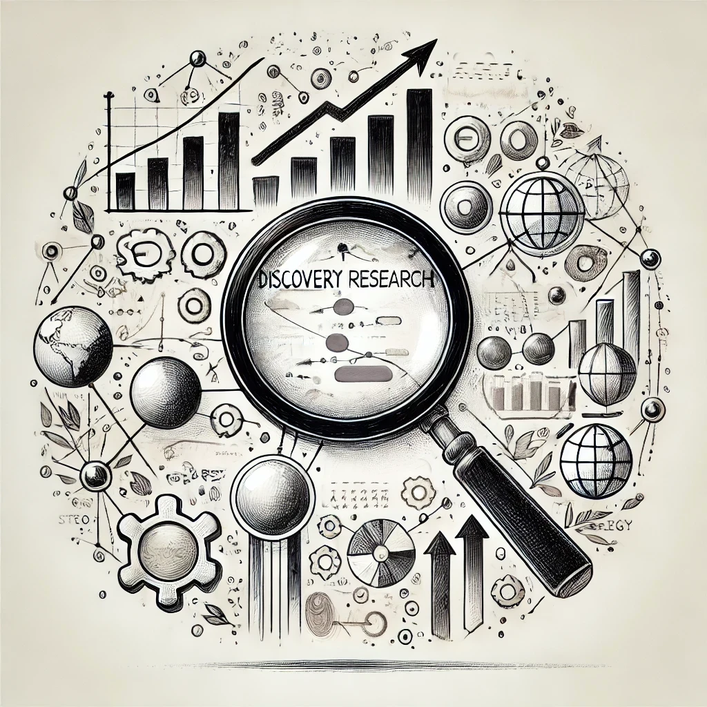 Magnifying glass for keyword research and discovery with graphs and arrows showing increase