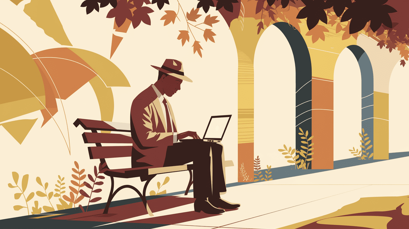 convert-the-uploaded-image-to-a-minimalistic-abstract-pen-hand-drawn-remix-of-a-racially-ambiguous-man-in-a-fedora-on-a-park-bench-at-sunset-colors-should-be-cd5411-677cb9-9eb0b6 man sitting on a park bench at sunset working on a laptop