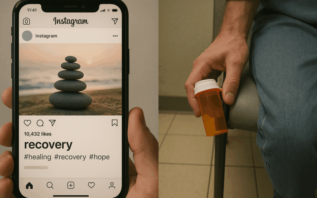 A split-screen composition—on one side, a perfectly curated Instagram post about recovery with its hashtags and hope; on the other, a hand holding an empty pill bottle, seated in a waiting room chair.