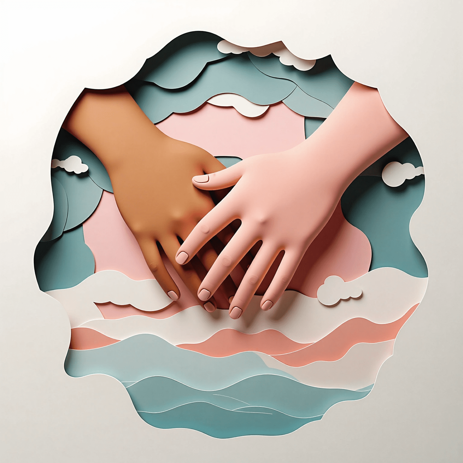 Two hands of different skin tones gently touching, surrounded by layered pastel clouds and waves in a paper-cut art style.