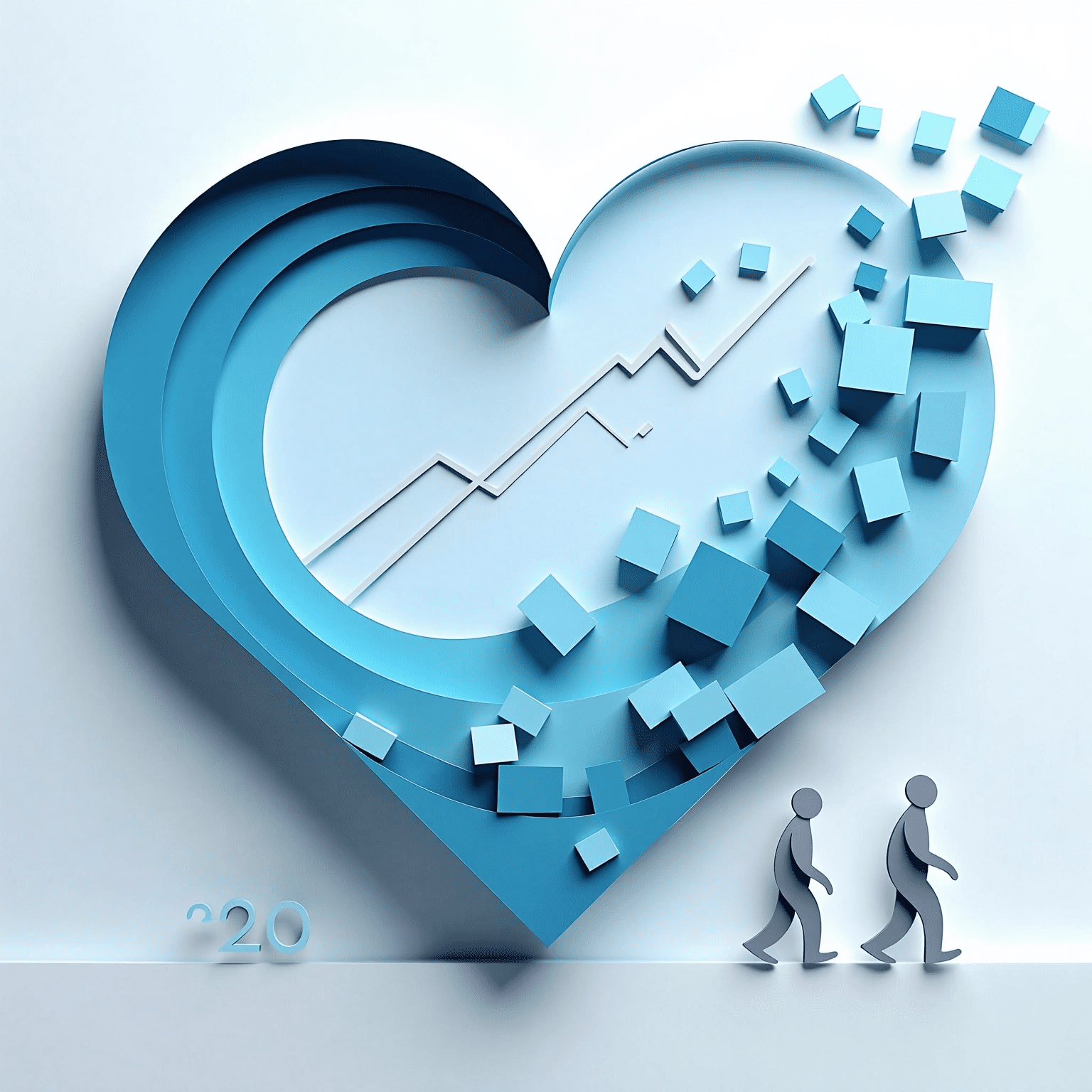 Paper-cut blue heart with geometric shapes and a line graph, with two small figures walking below
