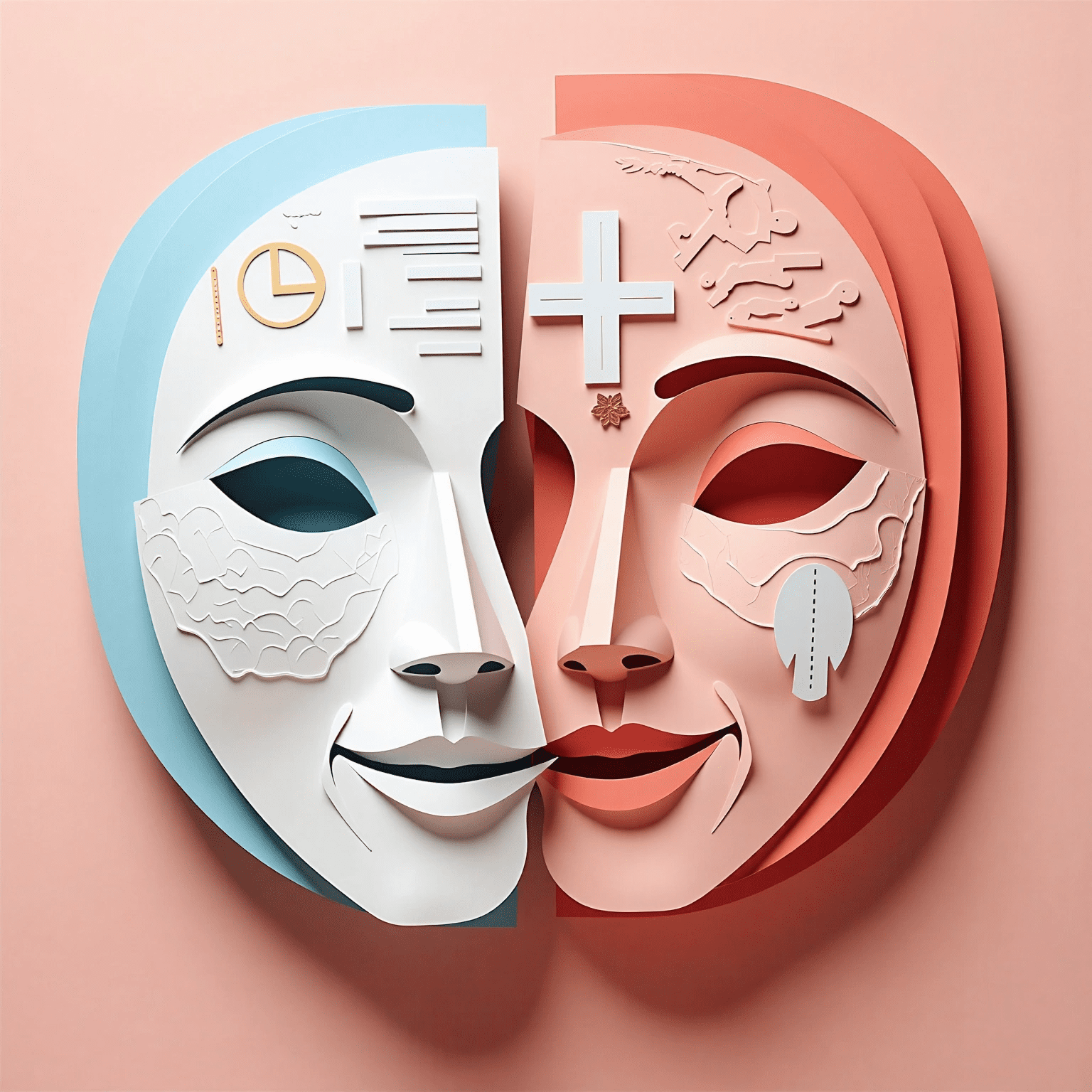Paper-cut illustration of two interlocking masks, one blue and one pink, symbolizing duality and balance.
