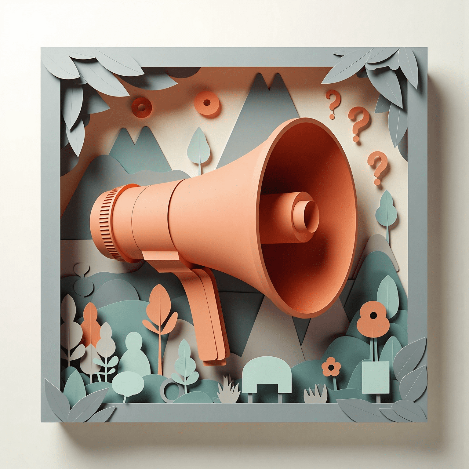 Paper-cut scene of a large orange megaphone surrounded by leaves, mountains, and question marks.