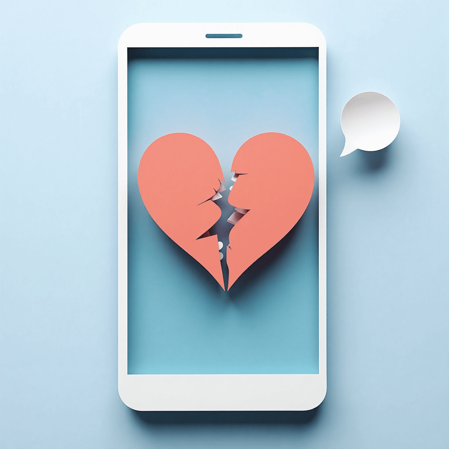 Paper-cut illustration of a broken heart inside a smartphone screen with a speech bubble beside it.