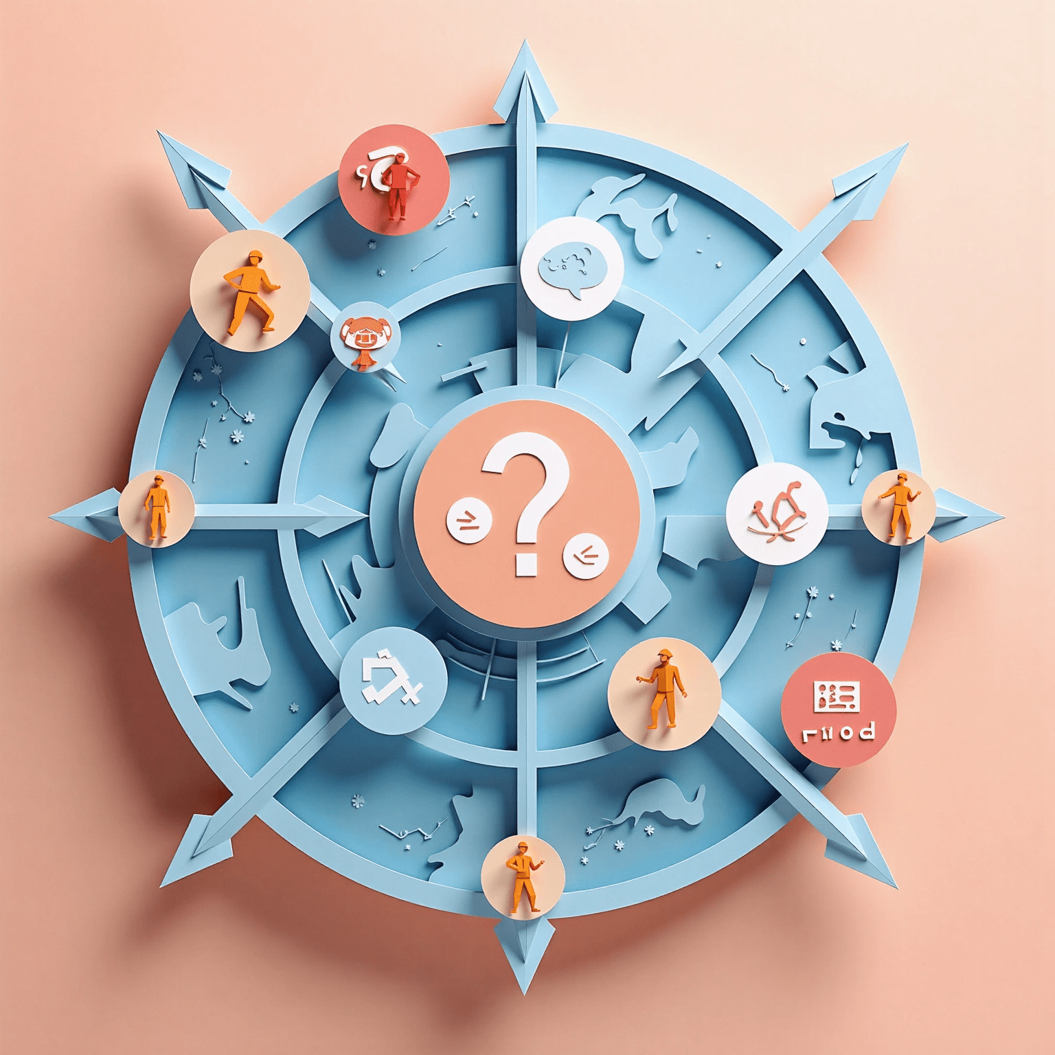 Paper-cut compass with a question mark at the center, surrounded by small figures and icons representing guidance and support.