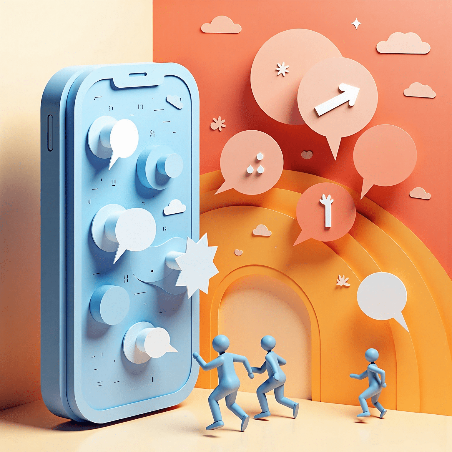 Paper-cut style illustration of blue figures running toward a large smartphone surrounded by colorful speech bubbles and icons.