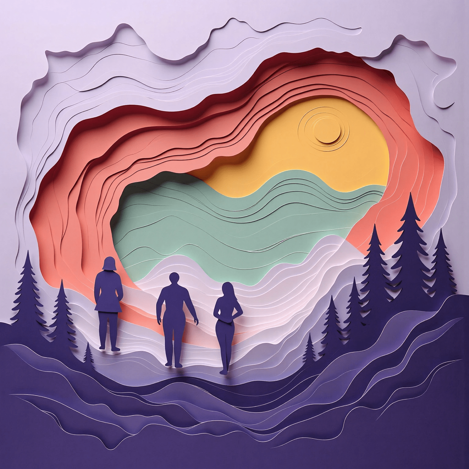 Paper-cut landscape with three figures standing before a colorful layered sky framed by mountains and pine trees.