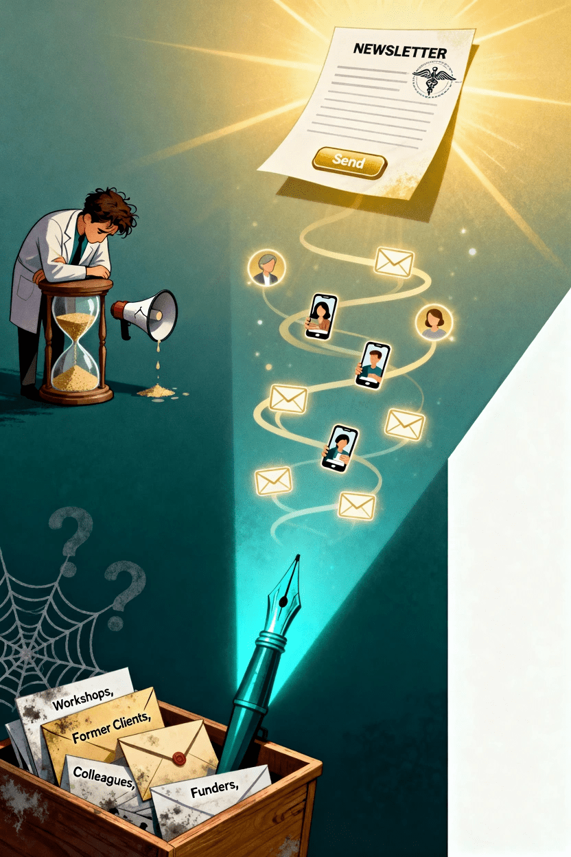 newsletter ghostwriting 1 An illustration for the mental health writer, contrasting the struggle of DIY content with the efficiency of newsletter ghostwriting. The image shows a dusty, neglected inbox transforming into a streamlined flow of polished mental health newsletter articles, representing the power of a consistent newsletter on mental health to engage clients and build authority.